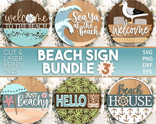 Beach Theme Sign Bundle 3, Round door hanger svg, Glowforge laser file, Cricut, Front door welcome sign, Ocean decor svg