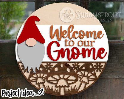 Welcome to Our Gnome Mushrooms Sign, Digital Download, SVG Laser Cut File, Cricut, Spring Summer Round Door Hanger Design