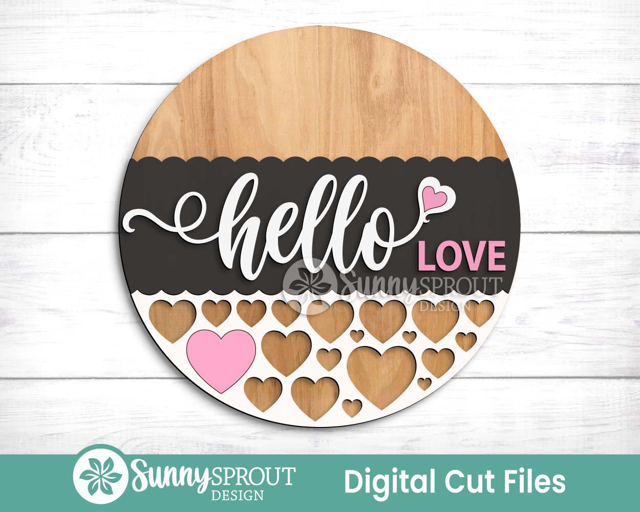 Hello Love Heart Pattern Sign, Digital Download, SVG Laser Cut File, Cricut, Round Door Hanger Design, Valentine's Day Decor