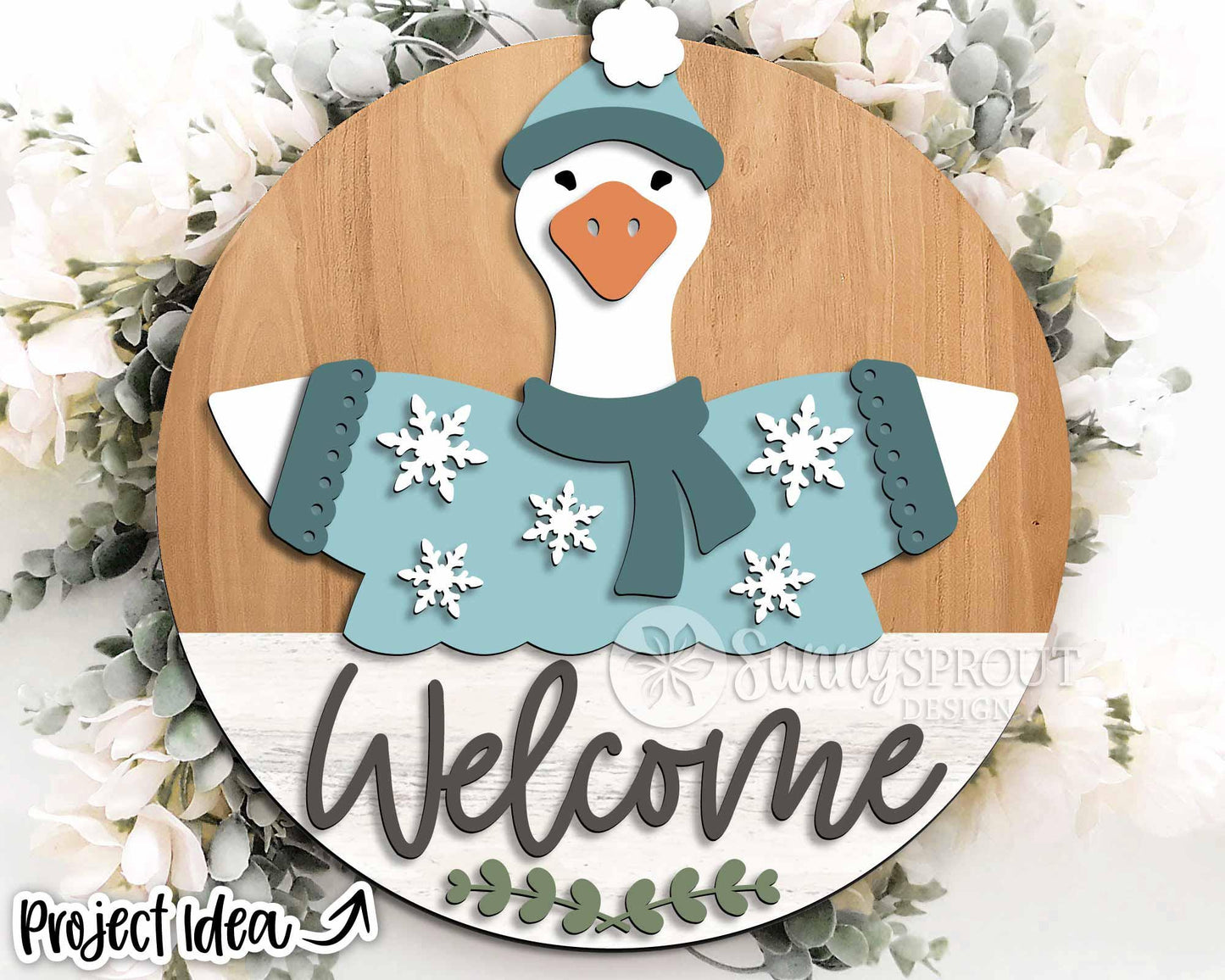 Goose Welcome Winter Sign, Round door hanger svg, Glowforge laser file, Cricut, Snowflake sign svg, Interchangeable outfit