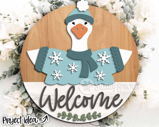 Goose Welcome Winter Sign, Round door hanger svg, Glowforge laser file, Cricut, Snowflake sign svg, Interchangeable outfit