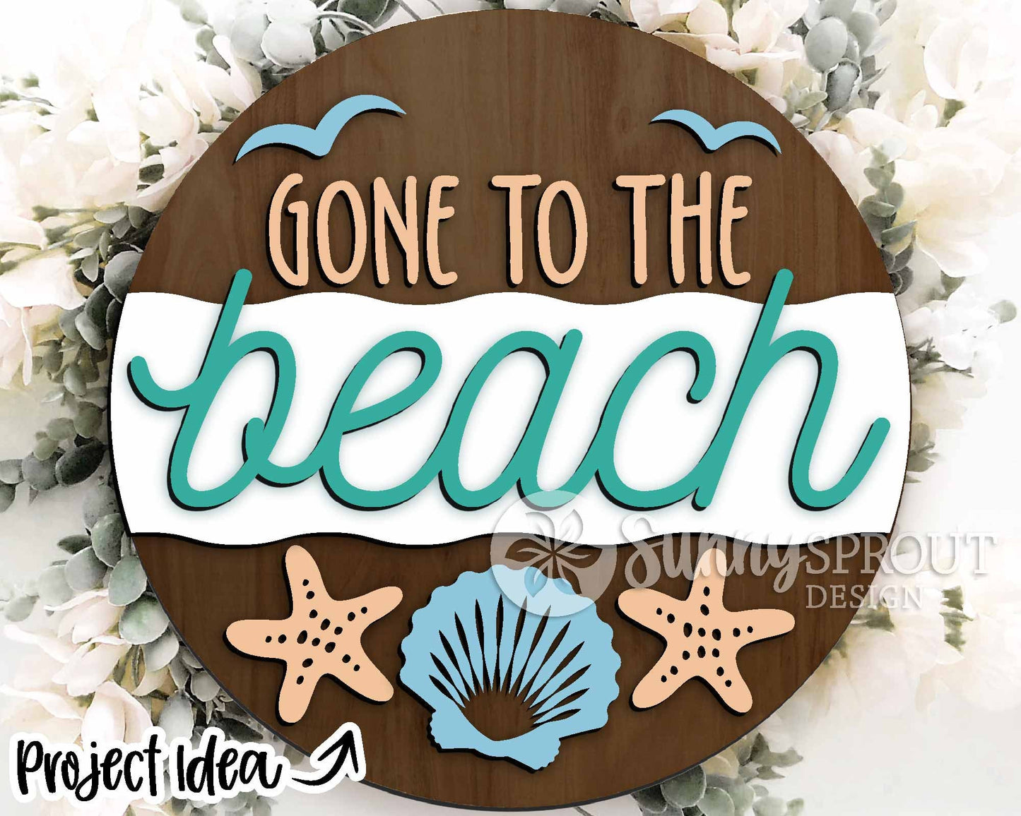 Gone to the Beach Seashell Sign, Digital download, SVG Laser cut file, Cricut, Round door hanger wall art design, Ocean coastal decor