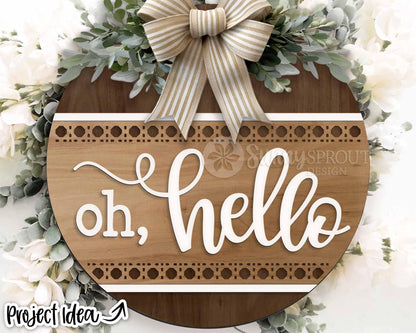Oh Hello Rattan Pattern Sign, Digital Download, SVG Laser Cut File, Cricut, Modern Farmhouse Round Door Hanger Design