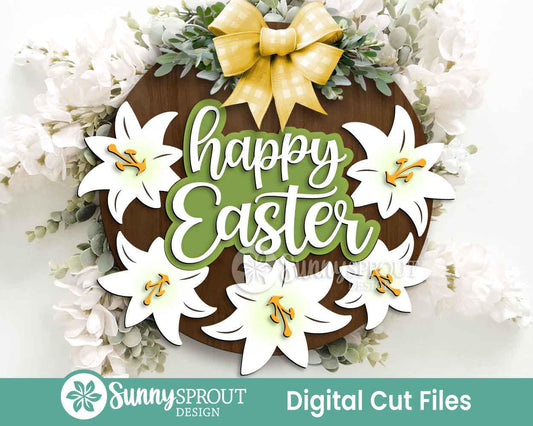 Happy Easter Lilies Flower Sign, Digital download, SVG Laser cut file, Cricut, Round door hanger design