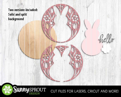 Hello Bunny Floral Pattern Sign, Digital download, SVG Laser cut file, Cricut, Round door hanger design, Spring Easter decor