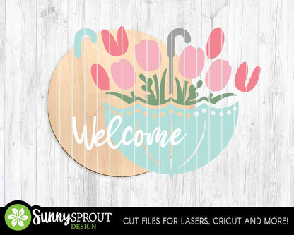 Welcome Umbrella Tulips Sign, Digital download, SVG Laser cut file, Cricut, Round door hanger design, Spring Easter decor
