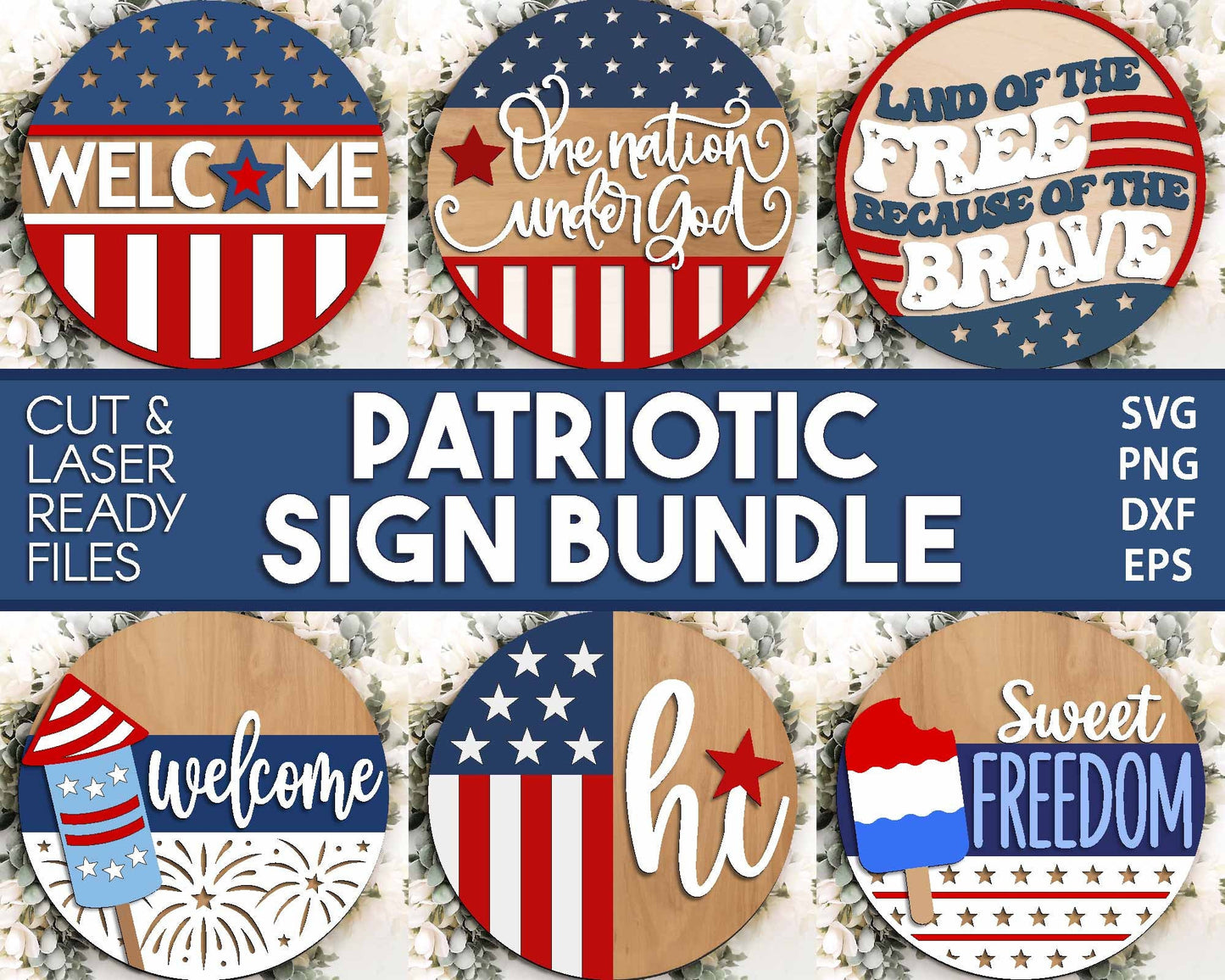 Patriotic Laser Sign Bundle, Round door hanger svg, Glowforge laser file, Cricut, Independence Day svg, 4th of July decor