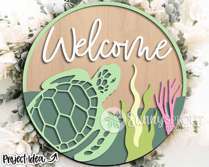 Welcome Sea Turtle Sign, Digital download, SVG Laser cut file, Cricut, Round door hanger design, Ocean coastal beach decor