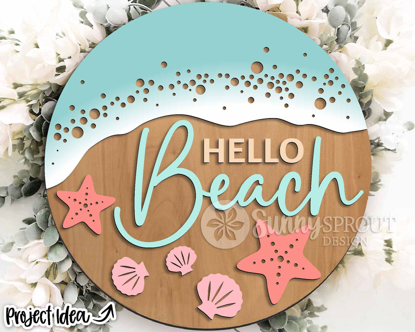 Hello Beach Shoreline Sign, Digital download, SVG Laser cut file, Cricut, Round door hanger wall art design, Ocean coastal decor