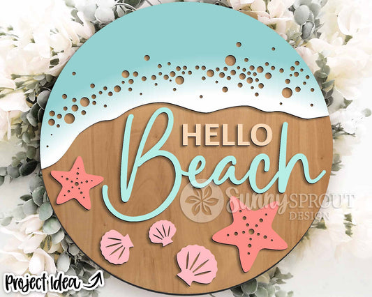 Hello Beach Shoreline Sign, Digital download, SVG Laser cut file, Cricut, Round door hanger wall art design, Ocean coastal decor