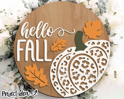 Hello Fall Leopard Print Pumpkin Sign, Digital Download, SVG Laser Cut File, Cricut, Round Door Hanger Design