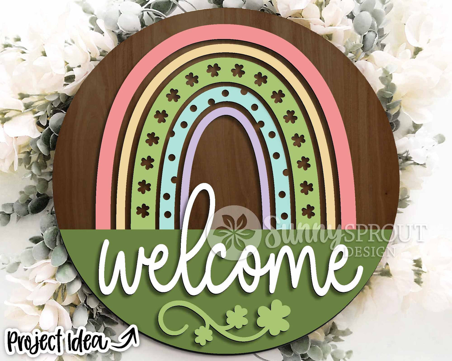 Welcome Shamrock Rainbow Sign, Digital Download, SVG Laser Cut File, Cricut, Round Door Hanger Design, St. Patrick's Day Decor