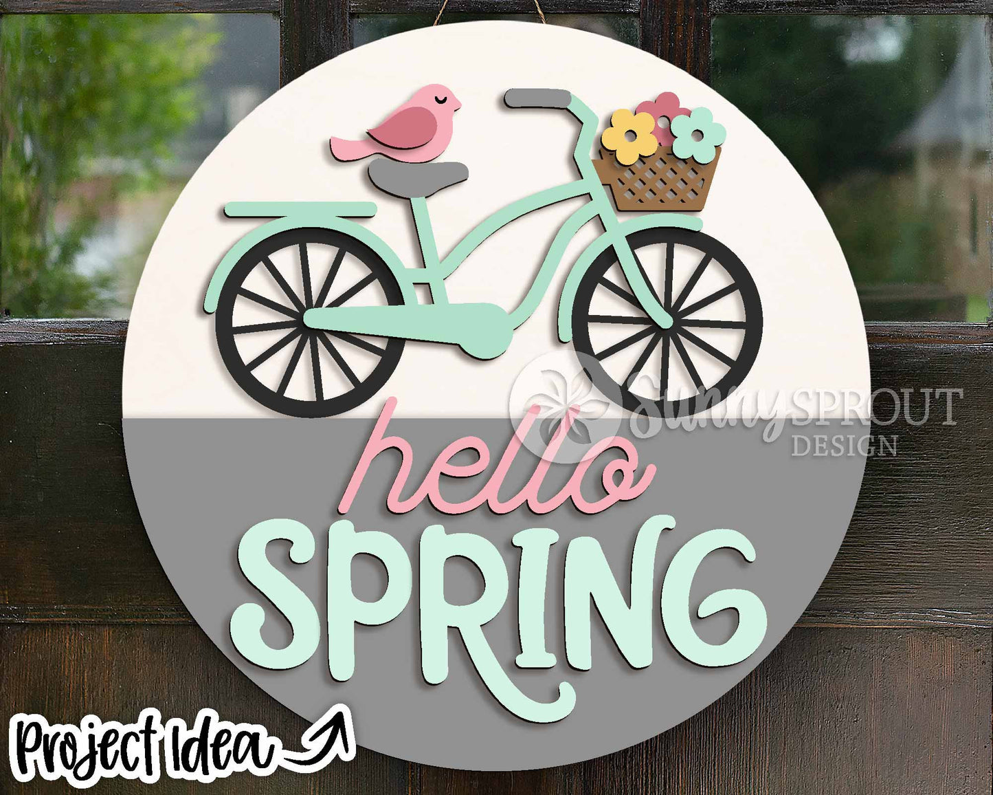 Hello Spring Bicycle Bird Flower Sign, Digital download, SVG Laser cut file, Cricut, Round door hanger design