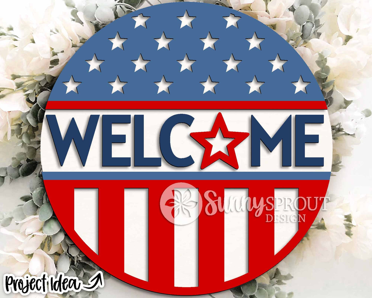 Welcome American Flag Sign, Digital Download, SVG Laser Cut File, Cricut, Round Door Hanger Design, Patriotic 4th of July Decor