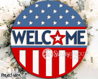 Welcome American Flag Sign, Digital Download, SVG Laser Cut File, Cricut, Round Door Hanger Design, Patriotic 4th of July Decor