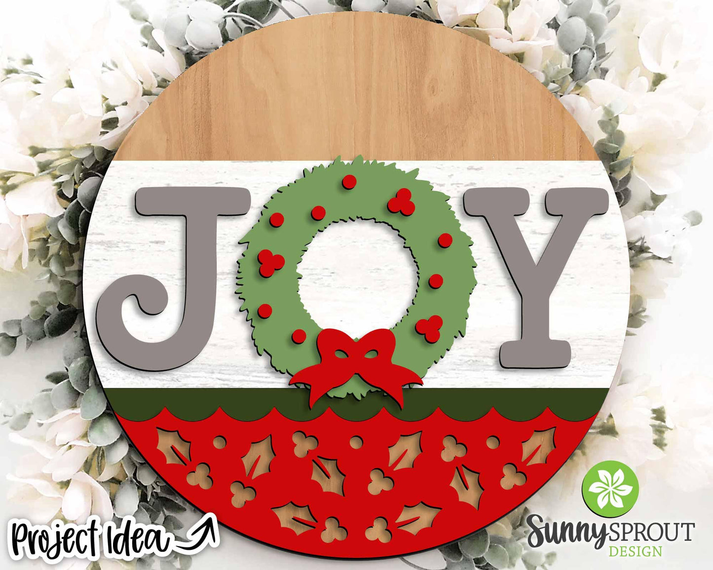 JOY Wreath Holly Pattern Sign, Digital Download, SVG Laser Cut File, Cricut, Round Door Hanger Design, Christmas Decor