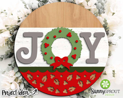 JOY Wreath Holly Pattern Sign, Digital Download, SVG Laser Cut File, Cricut, Round Door Hanger Design, Christmas Decor
