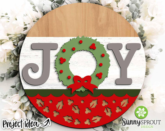 JOY Wreath Holly Pattern Sign, Digital Download, SVG Laser Cut File, Cricut, Round Door Hanger Design, Christmas Decor