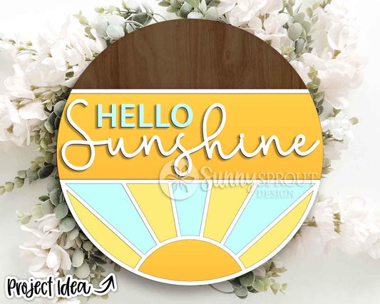 Hello Sunshine Rising Sun Sign, Digital Download, SVG Laser Cut File, Cricut, Summer Round Door Hanger Design