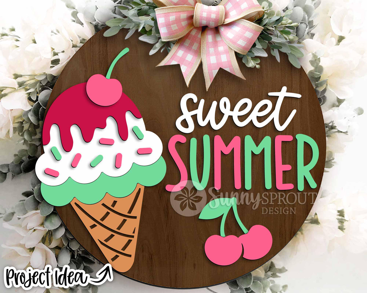 Sweet Summer Ice Cream Cone Sign, Digital Download, SVG Laser Cut File, Cricut, Round Door Hanger Design
