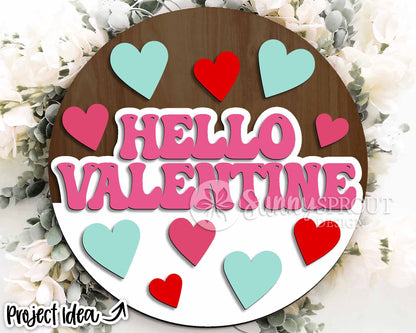 Hello Valentine Retro Heart Welcome Sign, Digital Download, SVG Laser Cut File, Cricut, Round Door Hanger Design, Valentine's Day Decor