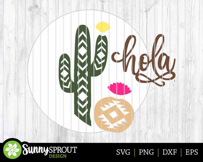 Hola Aztec Cactus Sign, Digital Download, SVG Laser Cut File, Cricut, Southwestern Desert Round Door Hanger Design