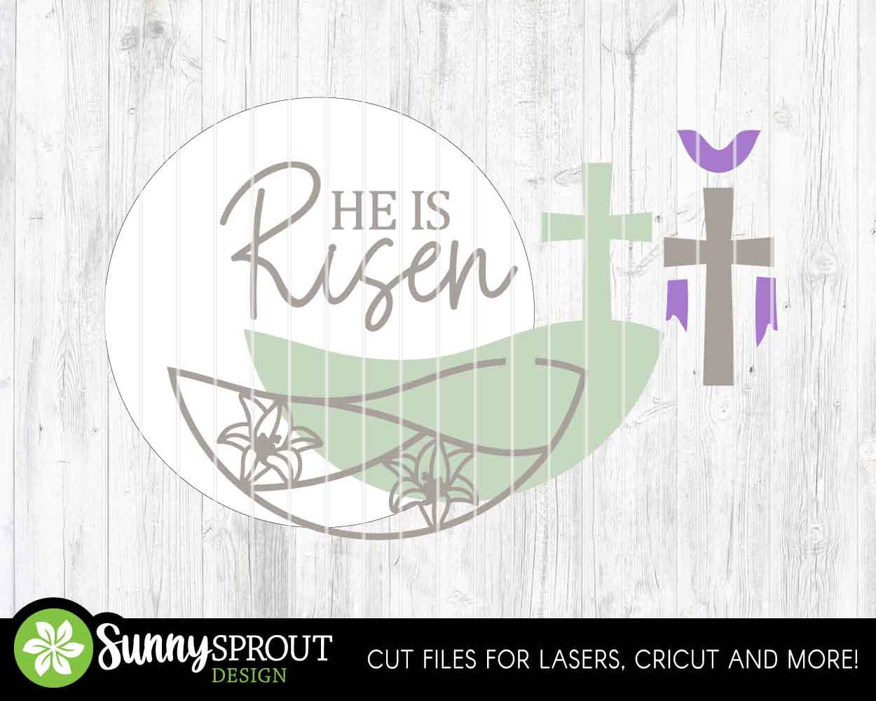 He Is Risen Cross Lily Sign, Digital download, SVG laser cut file, Cricut, Round door hanger design, Christian Easter decor