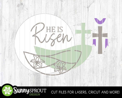 He Is Risen Cross Lily Sign, Digital download, SVG laser cut file, Cricut, Round door hanger design, Christian Easter decor