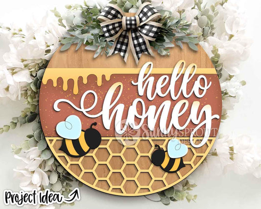 Hello Honey Honeycomb Bee Sign, Digital Download, Digital Download, SVG Laser Cut File, Cricut, Summer Round Door Hanger Design