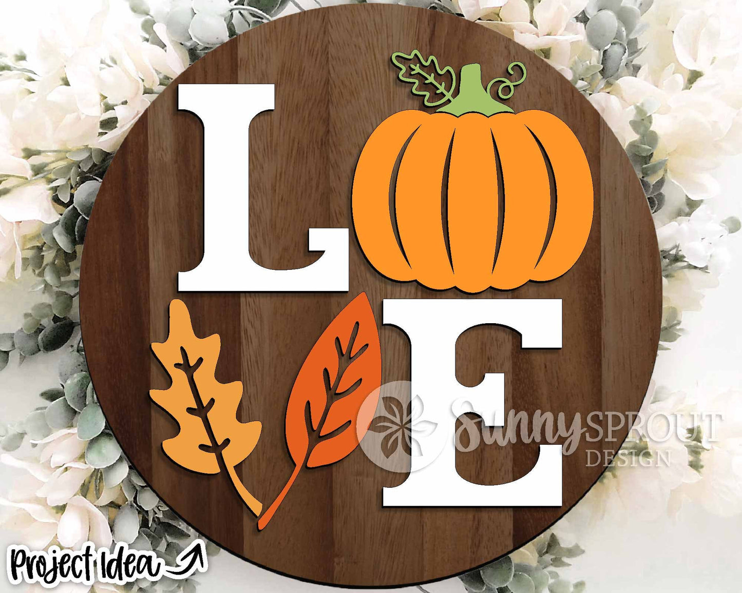 Love Fall Pumpkin Leaves Sign, Digital Download, SVG Laser Cut File, Cricut, Round Autumn Door Hanger Design
