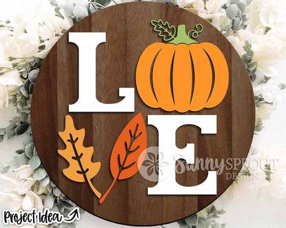 Love Fall Pumpkin Leaves Sign, Digital Download, SVG Laser Cut File, Cricut, Round Autumn Door Hanger Design