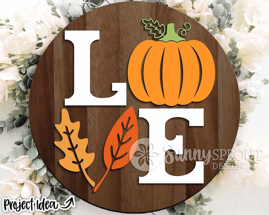 Love Fall Pumpkin Leaves Sign, Digital Download, SVG Laser Cut File, Cricut, Round Autumn Door Hanger Design