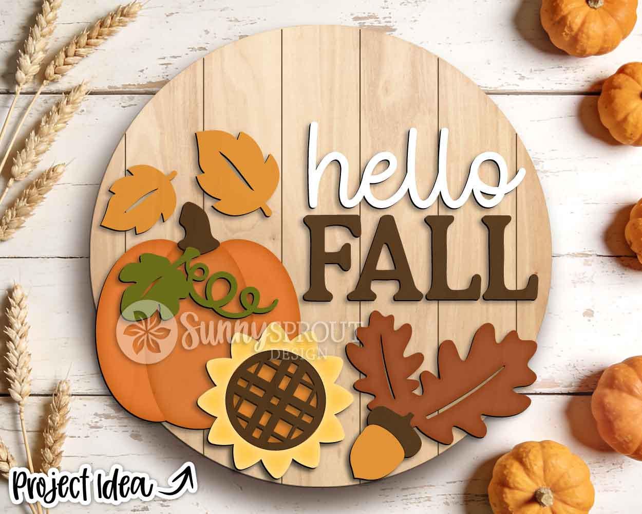 Hello Fall Pumpkin Sunflower Leaves Sign, Digital Download, SVG Laser Cut File, Cricut, Round Door Hanger Design
