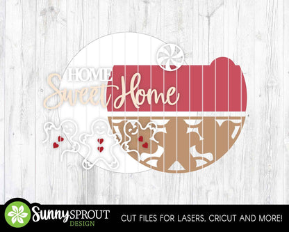 Home Sweet Home Gingerbread Sign, Digital Download, SVG Laser Cut File, Cricut, Round Door Hanger Design, Christmas Decor