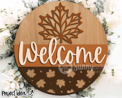 Welcome Maple Leaf Sign, Digital Download, SVG Laser Cut File, Cricut, Round Fall Door Hanger Design
