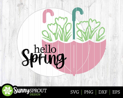 Hello Spring Umbrella Crocus Flower Sign, Digital download, SVG Laser cut file, Cricut, Round door hanger design