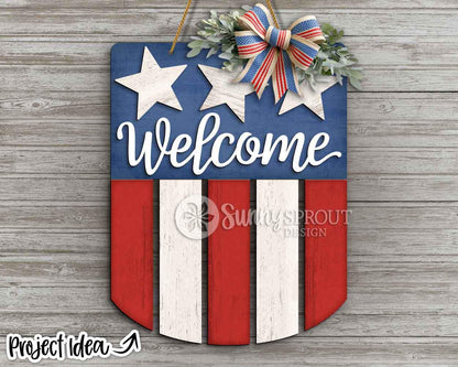 Welcome American Flag Sign, Digital Download, SVG Laser Cut File, Cricut, Door Hanger Design, Patriotic 4th of July Decor