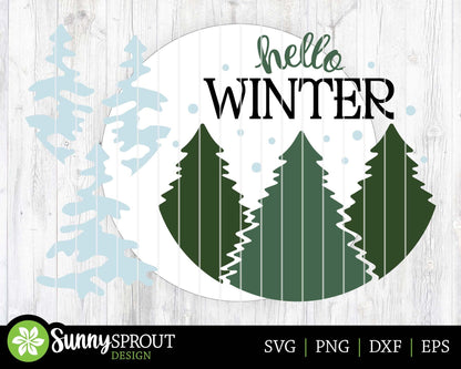Hello Winter Snowy Pine Trees Sign, Round door hanger svg, Glowforge laser cut file, Cricut, Winter decor, Christmas svg