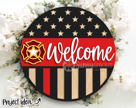 Firefighter Badge American Flag Welcome Sign, Digital Download, SVG Laser Cut File, Cricut, Patriotic Round Door Hanger Design