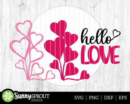 Hello Love Hearts Welcome Sign, Digital Download, SVG Laser Cut File, Cricut, Round Door Hanger Design, Valentine's Day Decor