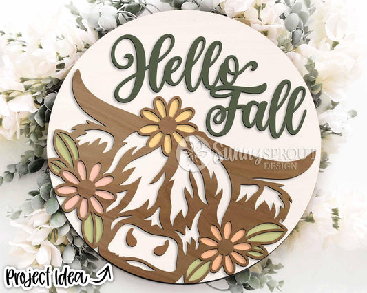 Hello Fall Highland Cow Wildflower Sign, Digital Download, SVG Laser Cut File, Cricut, Round Fall Farm Door Hanger Design