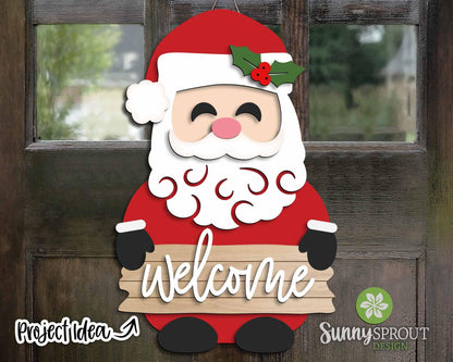 Santa Holding Welcome Sign, Digital Download, SVG Laser Cut File, Cricut, Door Hanger Design, Christmas Decor