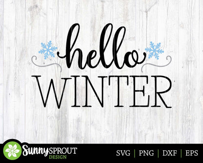 Hello Winter; Digital Download | Print File, Cricut, Silhouette Cut File | Farmhouse Round, Front Door Welcome Sign Design | svg png dxf eps