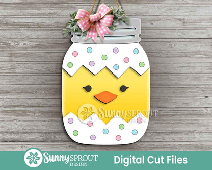 Egg and Chick Mason Jar Sign, Digital download, SVG Laser cut file, Cricut, Door hanger design, Spring Easter decor