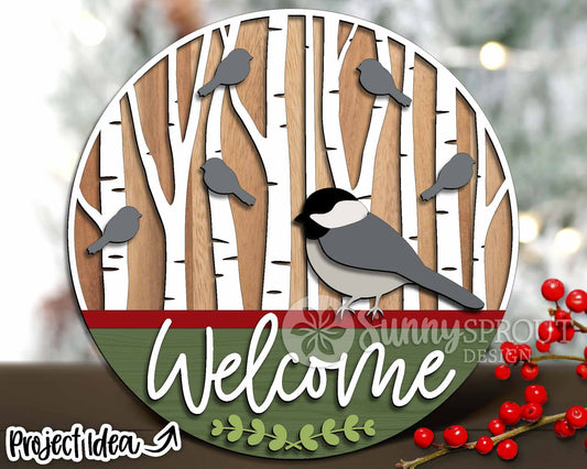 Birch Trees Chickadee Bird Welcome Sign, Digital Download, SVG Laser Cut File, Cricut, Round Door Hanger Design, Winter Christmas Decor