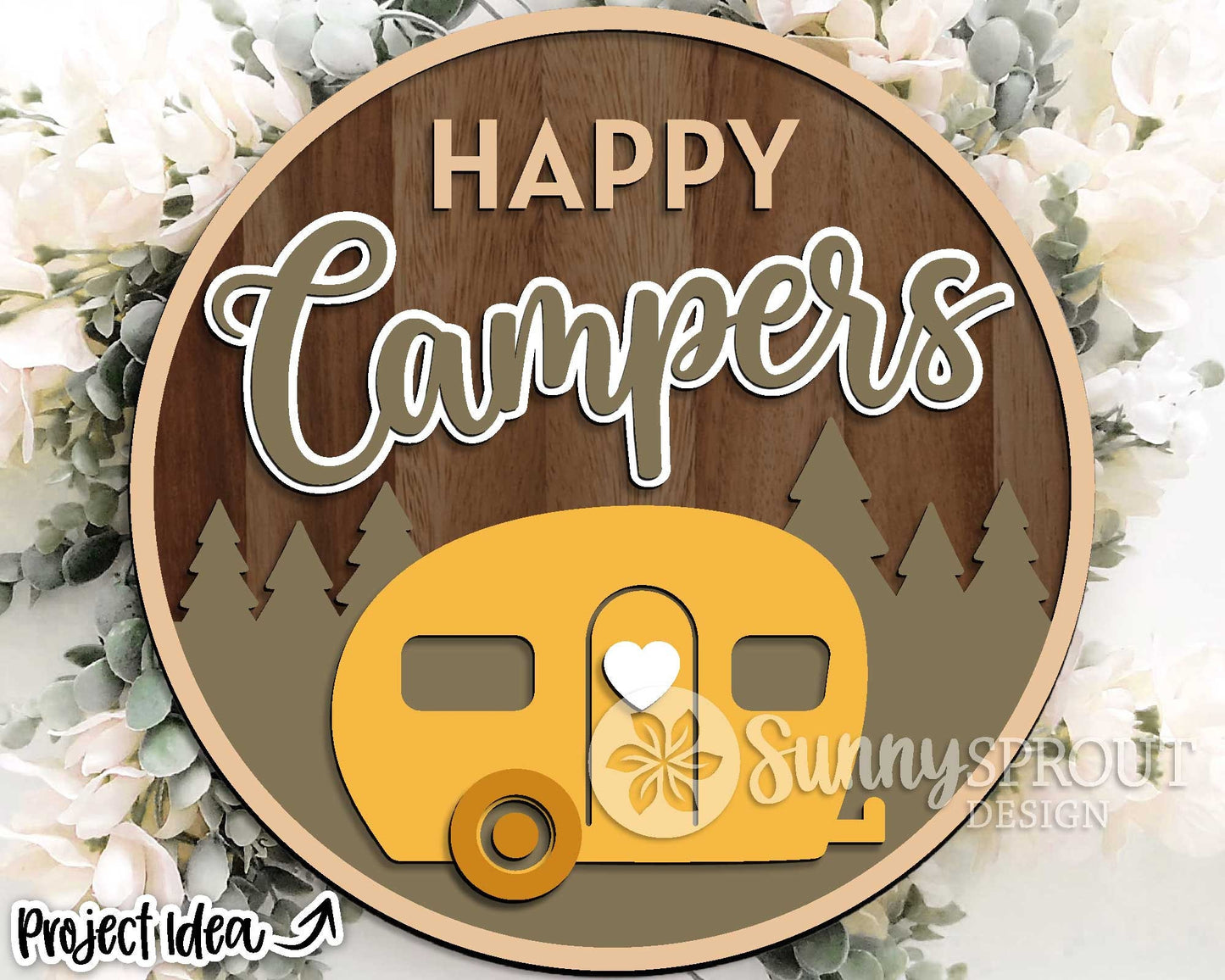 Happy Campers Retro Sign, Digital download, SVG Laser cut file, Cricut, Round door hanger design, Camping cabin decor