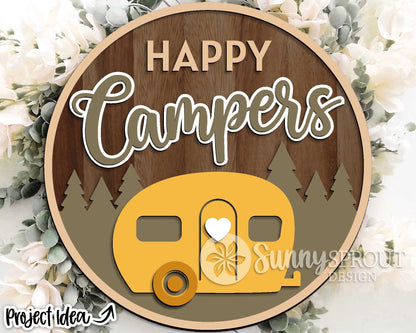 Happy Campers Retro Sign, Digital download, SVG Laser cut file, Cricut, Round door hanger design, Camping cabin decor