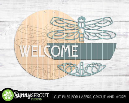Dragonfly Flower Welcome Sign, Digital download, SVG Laser cut file, Cricut, Round door hanger design, Summer lake house decor
