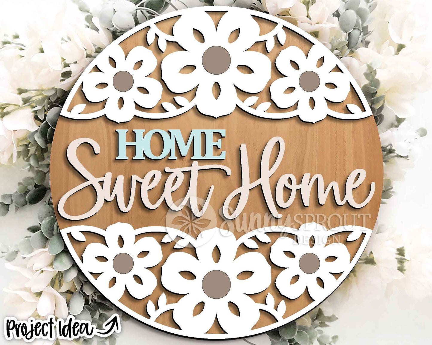 Home Sweet Home Flower Pattern Sign, Digital Download, SVG Laser Cut File, Cricut, Spring Summer Floral Round Door Hanger Design