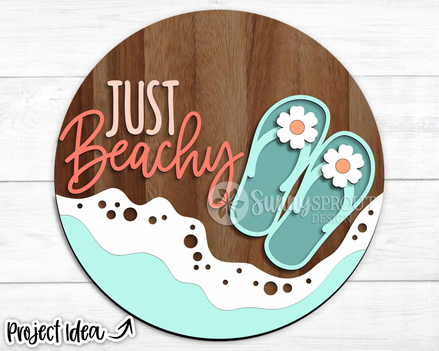 Just Beachy Flip Flops & Ocean Sign, Digital download, SVG Laser cut file, Cricut, Round door hanger wall art design, Coastal decor
